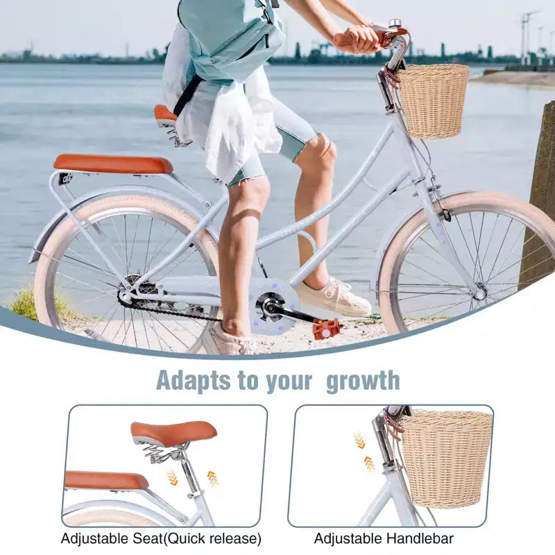 Bicicleta de paseo para mujer NAYSAYE con cesta delantera y cuadro resistente para un cómodo desplazamiento urbano al aire libre, azul, 63.98*24.53*38.82