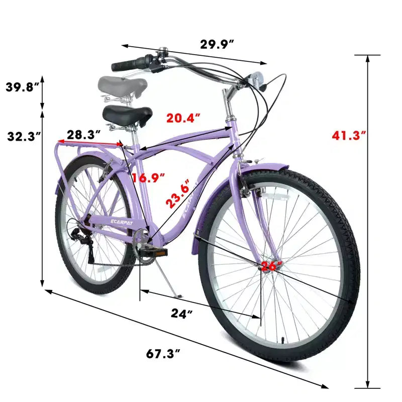 Bicicleta NAYSAYE de crucero de playa de 7 velocidades, cuadro de acero, ruedas de aleación, frenos en V para hombres y mujeres, ocio, morado, blanco, 67.8*42.51*28.74