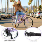 Bicicleta NAYSAYE de crucero de playa de 7 velocidades, cuadro de acero, ruedas de aleación, frenos en V para hombres y mujeres, ocio, morado, blanco, 67.8*42.51*28.74