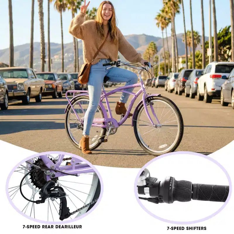 Bicicleta NAYSAYE de crucero de playa de 7 velocidades, cuadro de acero, ruedas de aleación, frenos en V para hombres y mujeres, ocio, morado, blanco, 67.8*42.51*28.74