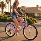 Bicicleta NAYSAYE de crucero de playa de 7 velocidades, cuadro de acero, ruedas de aleación, frenos en V para hombres y mujeres, ocio, morado, blanco, 67.8*42.51*28.74