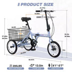 Triciclo Plegable para Adultos NAYSAYE con Cesta, Cuadro de Acero Plegable, Gran Capacidad de Carga para Compras y Viajes al Aire Libre, Azul, 53.54*23.23*39.49