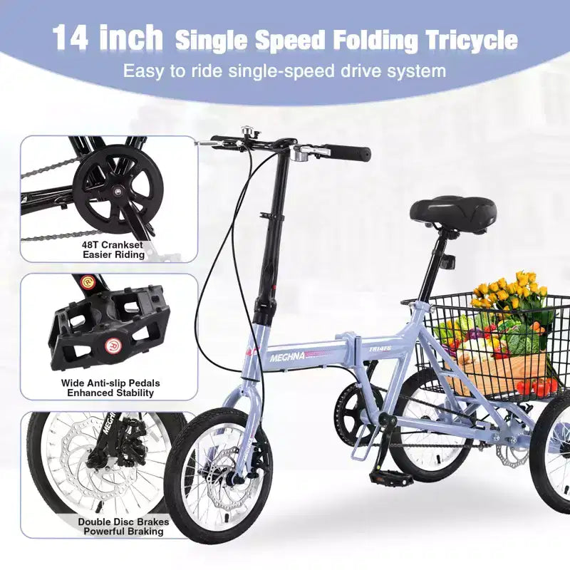 Triciclo Plegable para Adultos NAYSAYE con Cesta, Cuadro de Acero Plegable, Gran Capacidad de Carga para Compras y Viajes al Aire Libre, Azul, 53.54*23.23*39.49