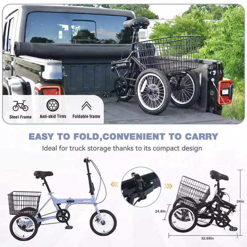 Triciclo Plegable para Adultos NAYSAYE con Cesta, Cuadro de Acero Plegable, Gran Capacidad de Carga para Compras y Viajes al Aire Libre, Azul, 53.54*23.23*39.49