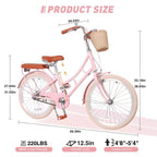 Bicicleta urbana NAYSAYE Beach Cruiser para niñas con cesta delantera y cuadro de acero resistente para un viaje cómodo en la ciudad, rosa, 58.39*24.53*36.93