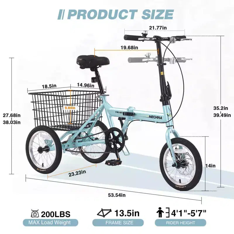Triciclo plegable de 3 ruedas NAYSAYE para adultos con cesta, cuadro de acero plegable y gran capacidad de carga, azul claro, 53.54*23.23*39.49