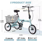 Triciclo plegable de 3 ruedas NAYSAYE para adultos con cesta, cuadro de acero plegable y gran capacidad de carga, azul claro, 53.54*23.23*39.49