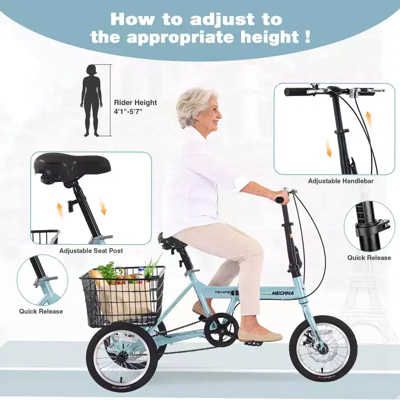 Triciclo plegable de 3 ruedas NAYSAYE para adultos con cesta, cuadro de acero plegable y gran capacidad de carga, azul claro, 53.54*23.23*39.49