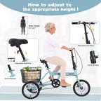 Triciclo plegable de 3 ruedas NAYSAYE para adultos con cesta, cuadro de acero plegable y gran capacidad de carga, azul claro, 53.54*23.23*39.49