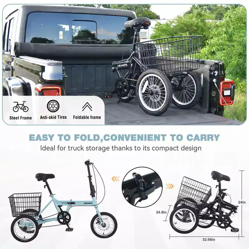 Triciclo plegable de 3 ruedas NAYSAYE para adultos con cesta, cuadro de acero plegable y gran capacidad de carga, azul claro, 53.54*23.23*39.49