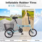 Triciclo plegable de 3 ruedas NAYSAYE para adultos con cesta, cuadro de acero plegable y gran capacidad de carga, azul claro, 53.54*23.23*39.49