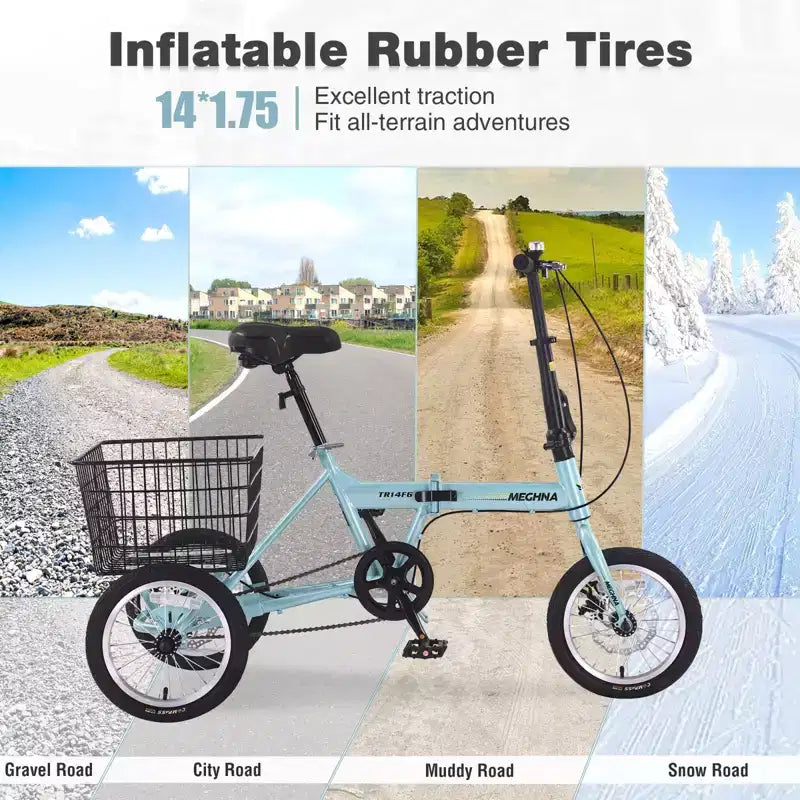 Triciclo plegable de 3 ruedas NAYSAYE para adultos con cesta, cuadro de acero plegable y gran capacidad de carga, azul claro, 53.54*23.23*39.49