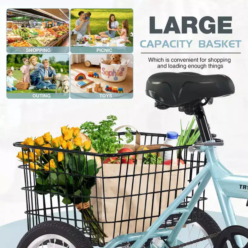 Triciclo plegable de 3 ruedas NAYSAYE para adultos con cesta, cuadro de acero plegable y gran capacidad de carga, azul claro, 53.54*23.23*39.49