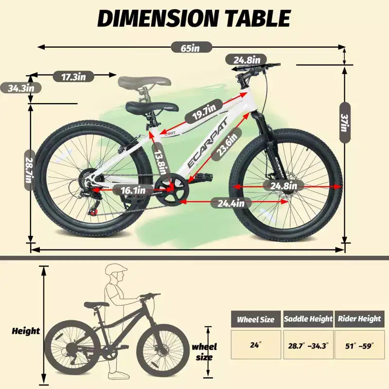Bicicleta de montaña para jóvenes NAYSAYE de 24 pulgadas con 7 velocidades, suspensión delantera y frenos de disco para niños y niñas, ciclismo al aire libre, blanco, 51.5*8*26.37