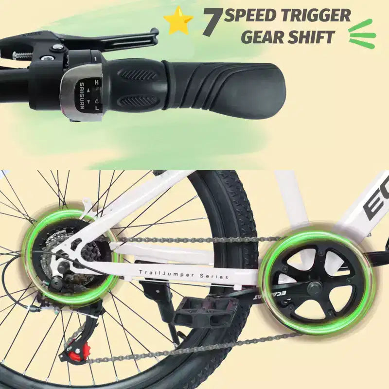 Bicicleta de montaña para jóvenes NAYSAYE de 24 pulgadas con 7 velocidades, suspensión delantera y frenos de disco para niños y niñas, ciclismo al aire libre, blanco, 51.5*8*26.37