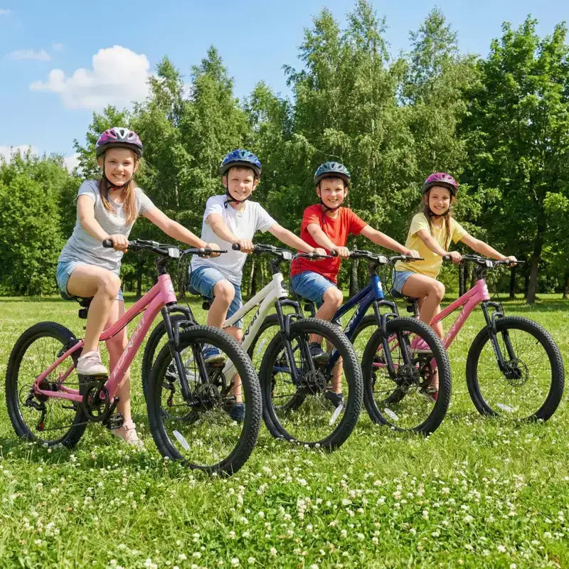 Bicicleta de montaña para jóvenes NAYSAYE de 24 pulgadas con 7 velocidades, suspensión delantera y frenos de disco para niños y niñas, ciclismo al aire libre, blanco, 51.5*8*26.37
