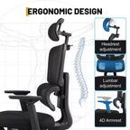Silla Ergonómica de Oficina y Gaming de Malla con Respaldo Alto, Capacidad Resistente de 400lb con Brazos Abatibles, Reposacabezas Ajustable, Soporte Lumbar y para Piernas, Reclinable