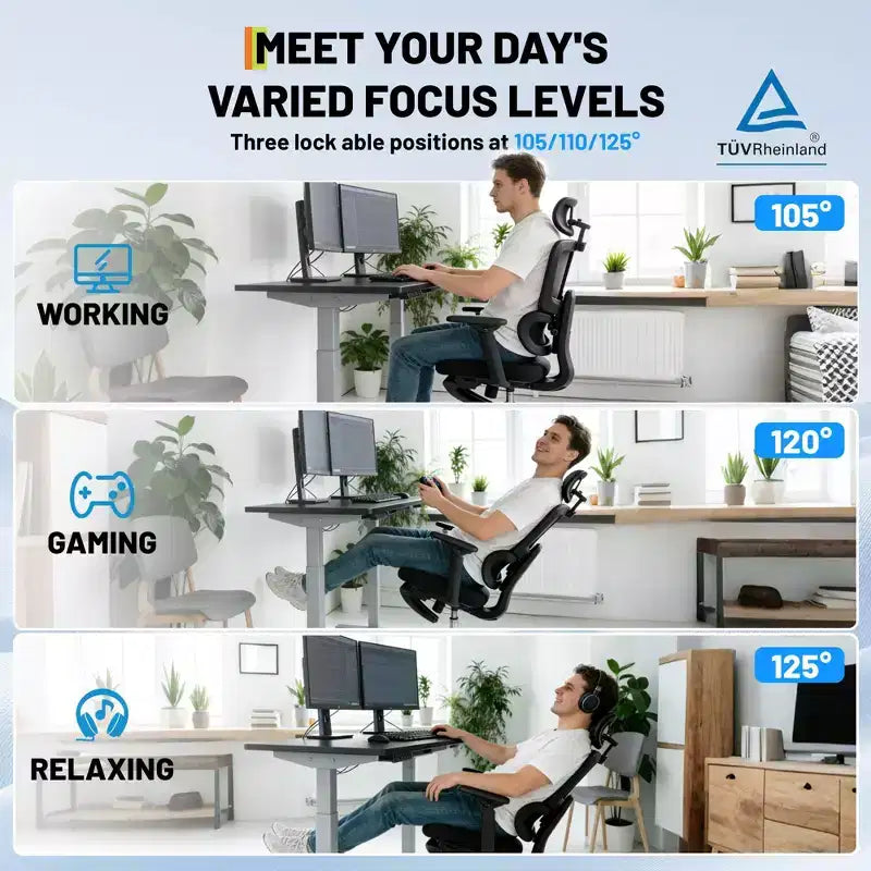 Silla Ergonómica de Oficina y Gaming de Malla con Respaldo Alto, Capacidad Resistente de 400lb con Brazos Abatibles, Reposacabezas Ajustable, Soporte Lumbar y para Piernas, Reclinable