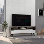 Mueble de TV para televisores de hasta 60" – Nogal oscuro y blanco, 3 estantes abiertos, laminado de madera