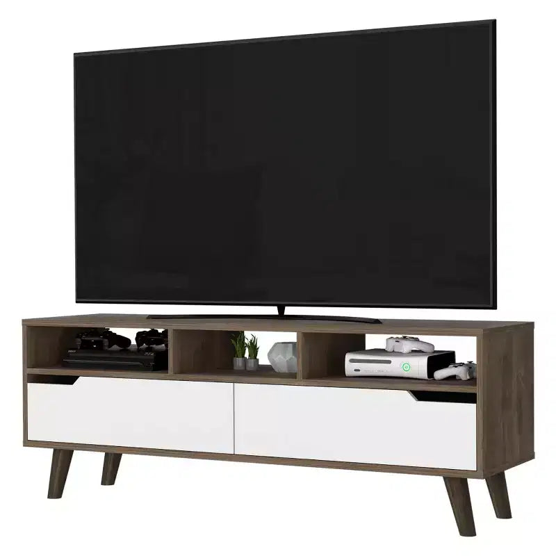 Mueble de TV para televisores de hasta 60" – Nogal oscuro y blanco, 3 estantes abiertos, laminado de madera
