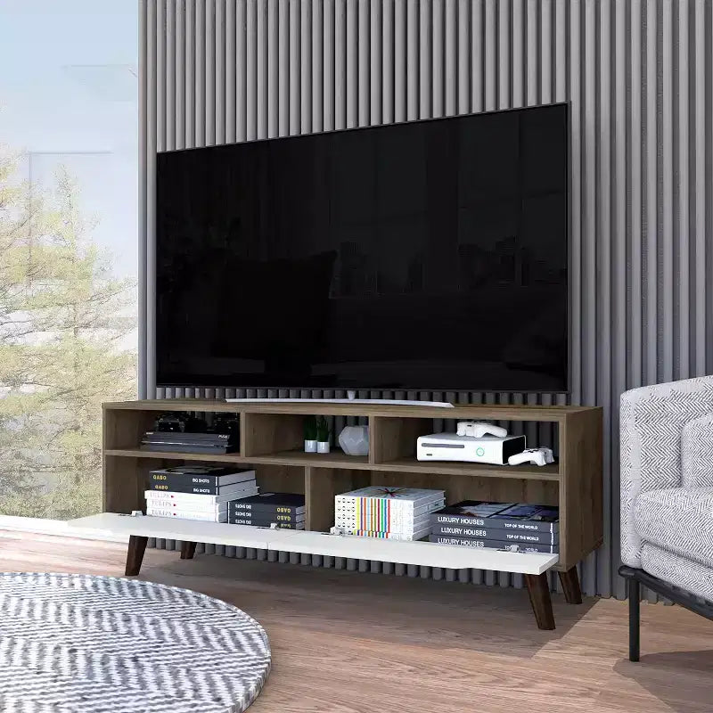 Mueble de TV para televisores de hasta 60" – Nogal oscuro y blanco, 3 estantes abiertos, laminado de madera