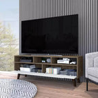 Mueble de TV para televisores de hasta 60" – Nogal oscuro y blanco, 3 estantes abiertos, laminado de madera
