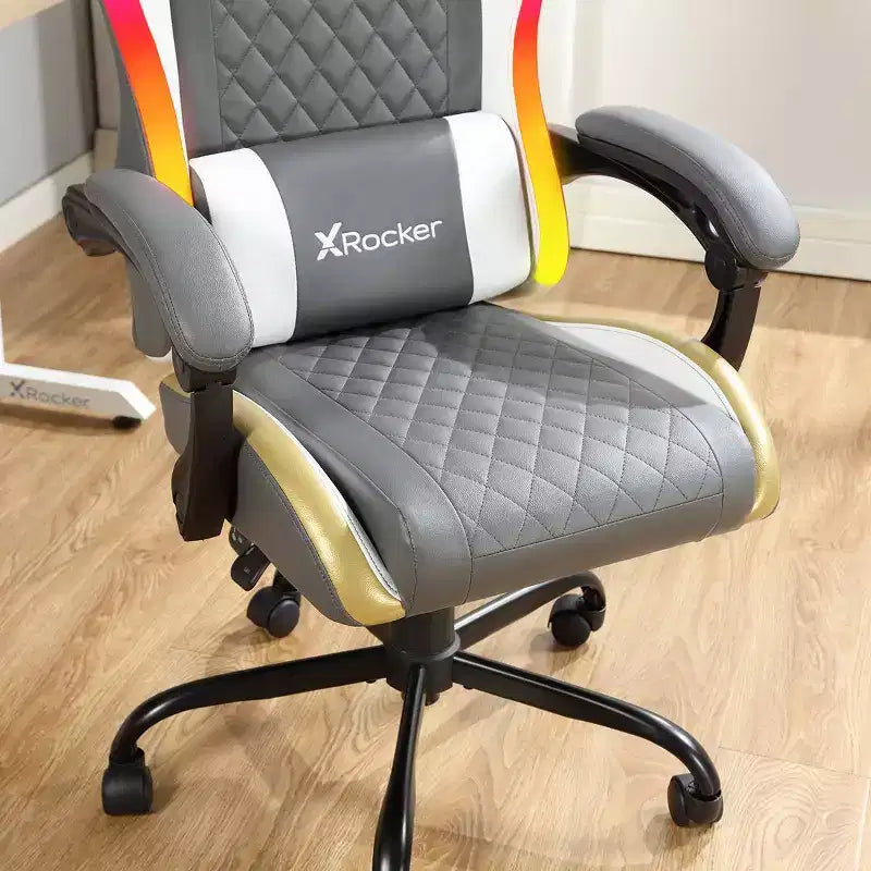 Sillón Gaming X Rocker RGB LED Ergonómico de Confort Extra para PC, Gris/Blanco/Dorado