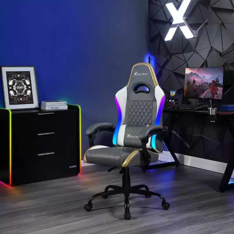 Sillón Gaming X Rocker RGB LED Ergonómico de Confort Extra para PC, Gris/Blanco/Dorado