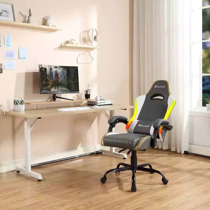 Sillón Gaming X Rocker RGB LED Ergonómico de Confort Extra para PC, Gris/Blanco/Dorado