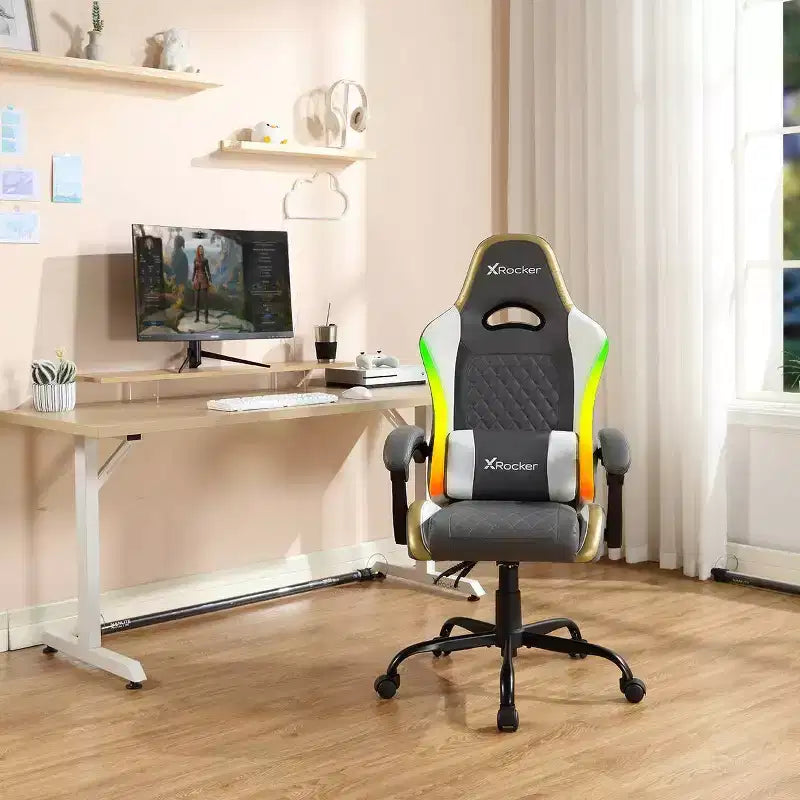 Sillón Gaming X Rocker RGB LED Ergonómico de Confort Extra para PC, Gris/Blanco/Dorado