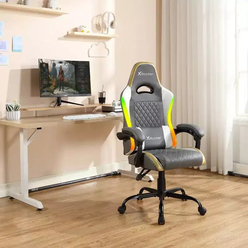 Sillón Gaming X Rocker RGB LED Ergonómico de Confort Extra para PC, Gris/Blanco/Dorado