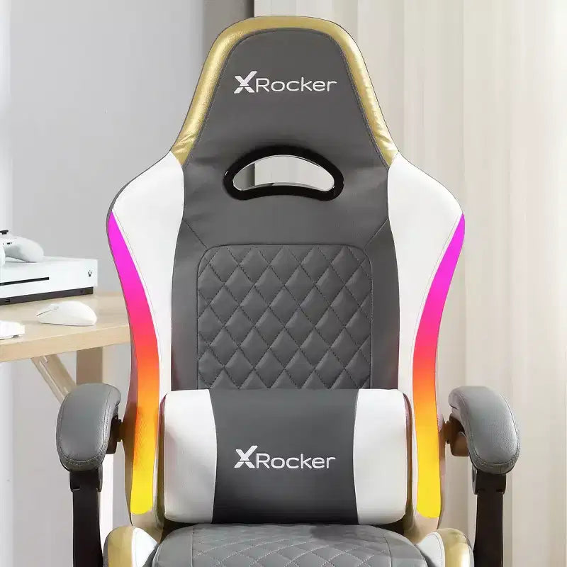 Sillón Gaming X Rocker RGB LED Ergonómico de Confort Extra para PC, Gris/Blanco/Dorado