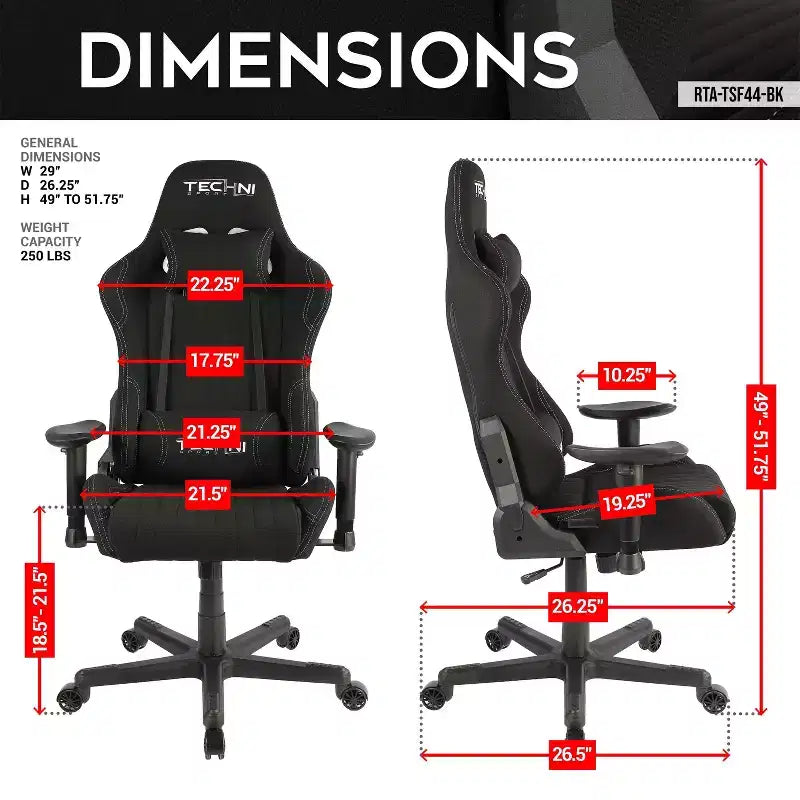Silla Gamer de Vídeo de Tela Ergonómica de Respaldo Alto Estilo Racer Negra - Techni Sport: Oficina, Giratoria, Soporte Lumbar
