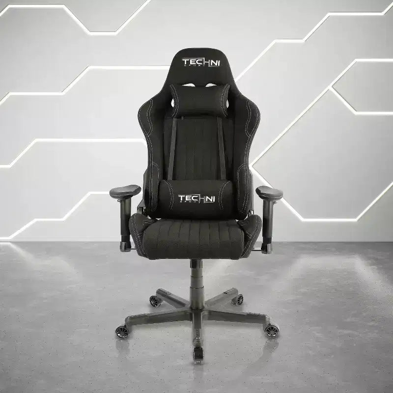 Silla Gamer de Vídeo de Tela Ergonómica de Respaldo Alto Estilo Racer Negra - Techni Sport: Oficina, Giratoria, Soporte Lumbar