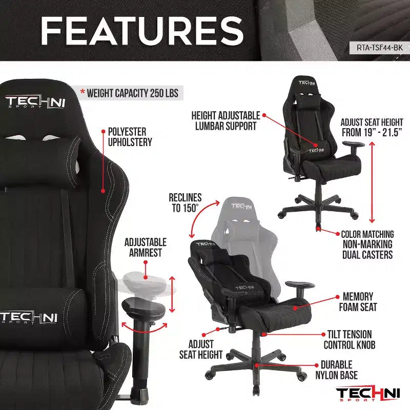 Silla Gamer de Vídeo de Tela Ergonómica de Respaldo Alto Estilo Racer Negra - Techni Sport: Oficina, Giratoria, Soporte Lumbar