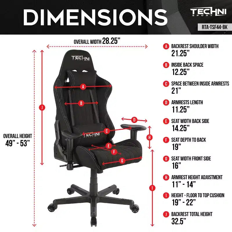Silla Gamer de Vídeo de Tela Ergonómica de Respaldo Alto Estilo Racer Negra - Techni Sport: Oficina, Giratoria, Soporte Lumbar