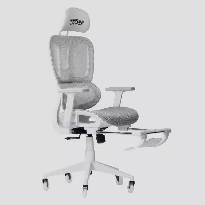 Silla de juego Airflex2 de malla con reposapiés blanca - Techni Sport: Inclinación sincronizada, capacidad de 124,7 kg, diseño ergonómico