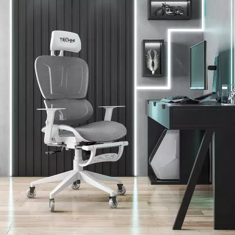 Silla de juego Airflex2 de malla con reposapiés blanca - Techni Sport: Inclinación sincronizada, capacidad de 124,7 kg, diseño ergonómico
