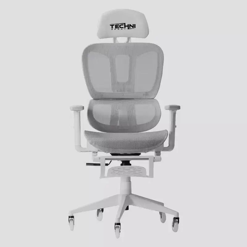 Silla de juego Airflex2 de malla con reposapiés blanca - Techni Sport: Inclinación sincronizada, capacidad de 124,7 kg, diseño ergonómico