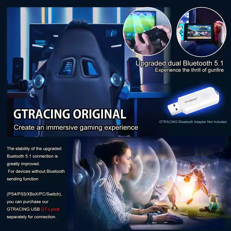 Silla de juego GTRACING con altavoces Bluetooth, silla de oficina de PU de respaldo alto, negra