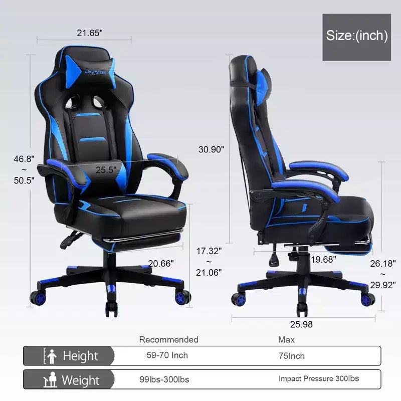 Silla de juego LUCKRACER con reposapiés, silla de oficina de escritorio para computadora con respaldo alto, azul