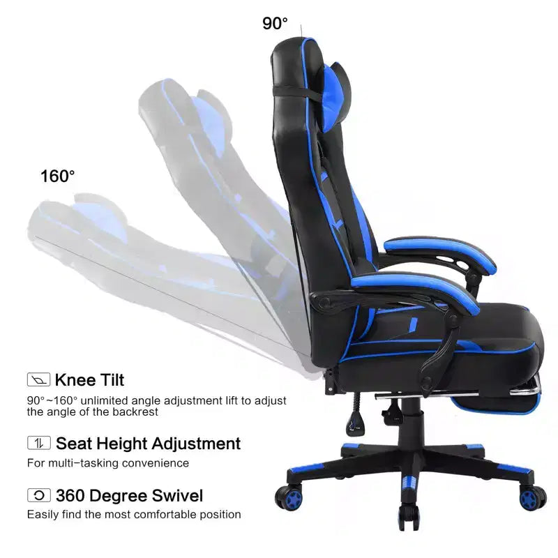 Silla de juego LUCKRACER con reposapiés, silla de oficina de escritorio para computadora con respaldo alto, azul