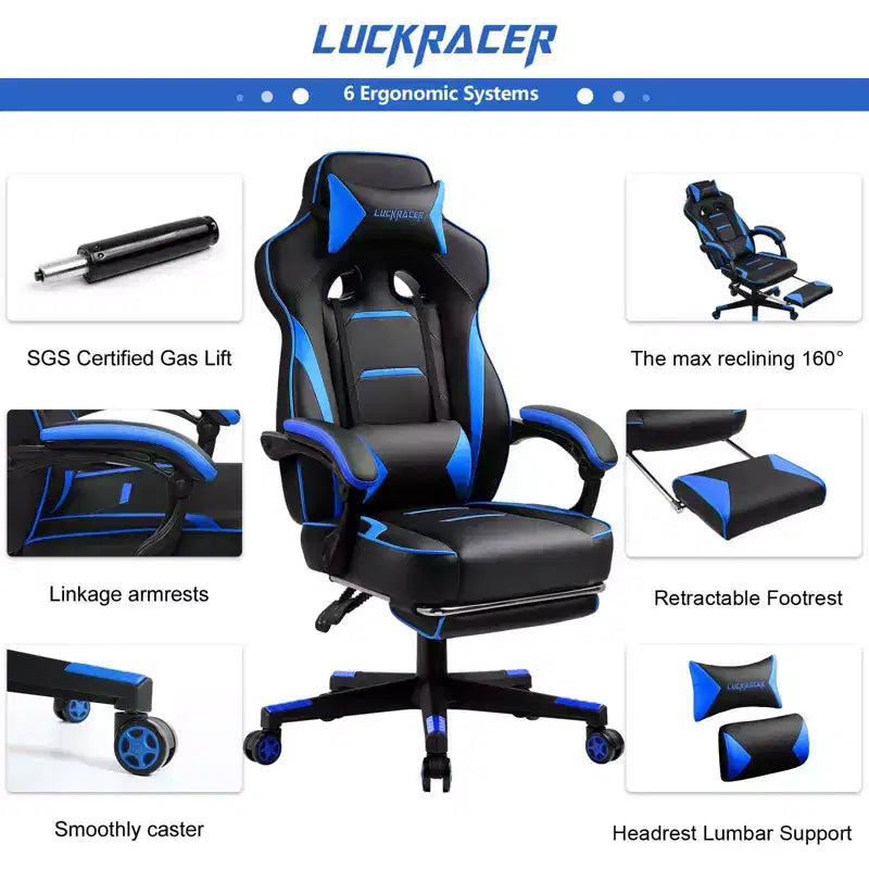 Silla de juego LUCKRACER con reposapiés, silla de oficina de escritorio para computadora con respaldo alto, azul