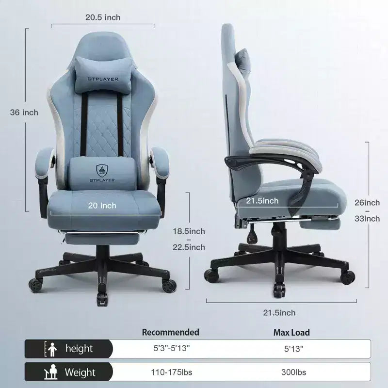 Silla de gaming GTPLAYER, silla de oficina de tela con reposabrazos articulados, silla de ordenador azul claro