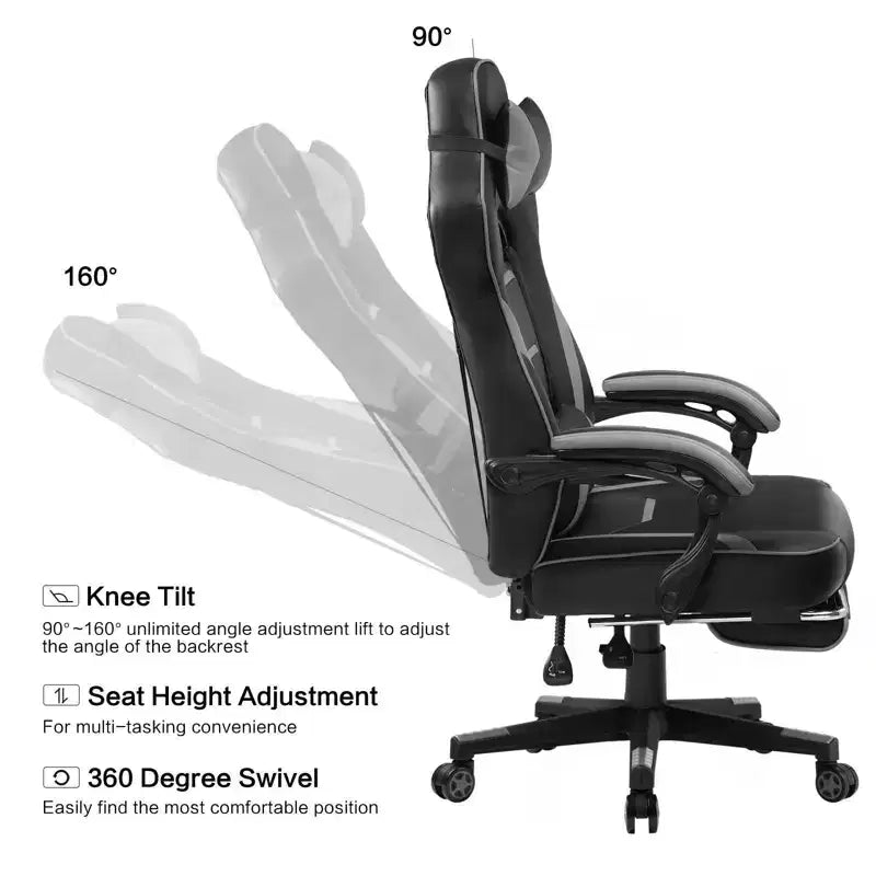 Silla Gaming LUCKRACER con Reposapiés, Silla de Escritorio de Oficina con Respaldo Alto, Gris