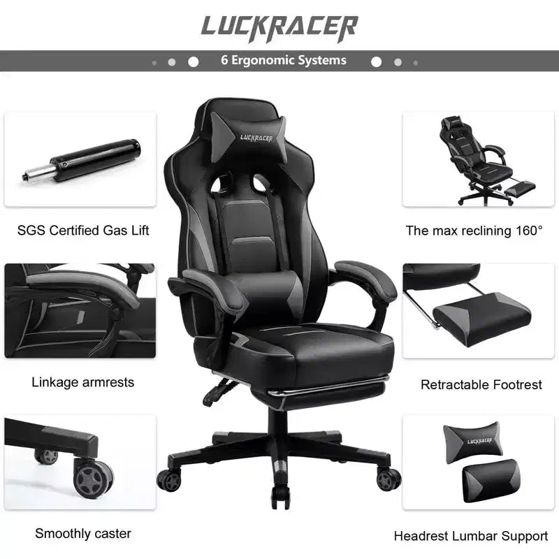 Silla Gaming LUCKRACER con Reposapiés, Silla de Escritorio de Oficina con Respaldo Alto, Gris