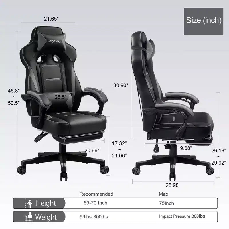 Silla Gaming LUCKRACER con Reposapiés, Silla de Escritorio de Oficina con Respaldo Alto, Gris