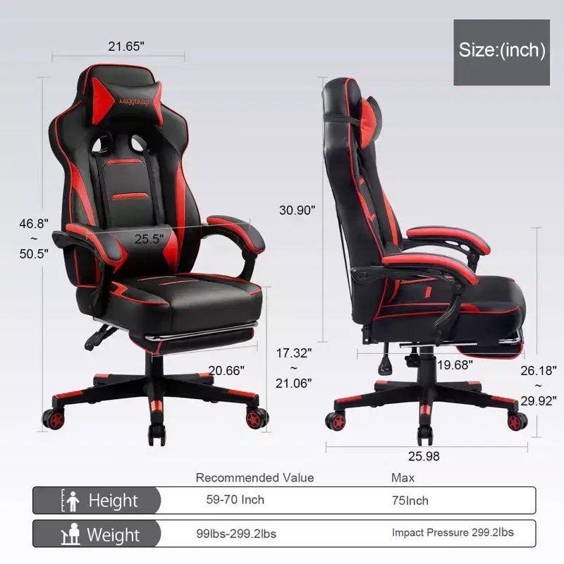 Silla de juegos LUCKRACER con reposapiés, silla de escritorio de oficina con respaldo alto, roja