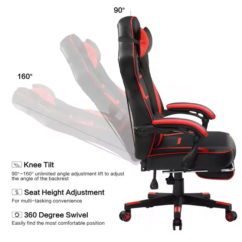 Silla de juegos LUCKRACER con reposapiés, silla de escritorio de oficina con respaldo alto, roja