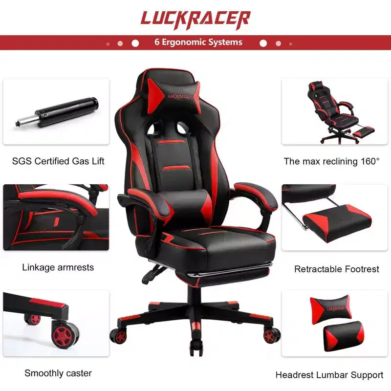Silla de juegos LUCKRACER con reposapiés, silla de escritorio de oficina con respaldo alto, roja